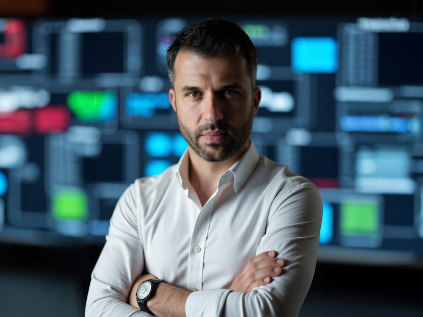 Mark Thomas Firestone in front of IT infrastructure monitoring systems in Bakersfield